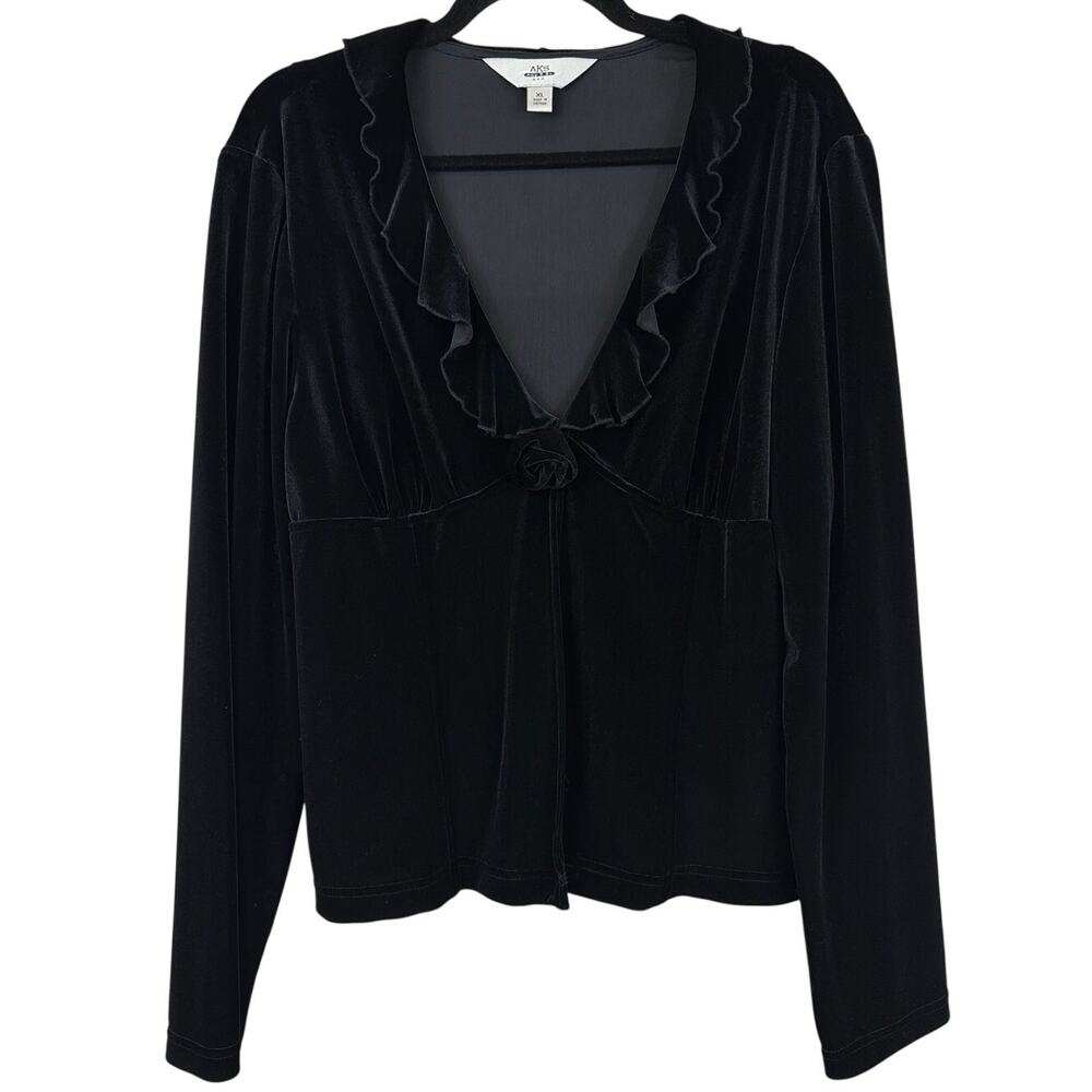 NWT AKS by Amy K Su Black Velvet Ruffled Collar Deep V Neck Top Size XL